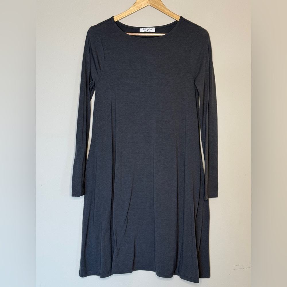 Zenana Womens Gray Long Sleeve Round Neck Pullover T-Shirt Dress Size Small